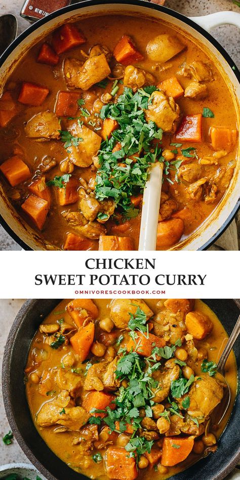 A super quick chicken sweet potato curry that features juicy chicken braised with tender sweet potatoes and chickpeas in a coconut curry. It is extremely easy to put together and tastes so hearty - perfect for a busy weekday dinner or meal prep. {Gluten-Free} Chicken Chili With Sweet Potatoes, Sweet Potato Chicken Instant Pot, Chicken And Sweet Potatoes Healthy, Chicken And Sweet Potato Instant Pot, Chicken Sweet Potato Stew Crockpot, Crock Pot Sweet Potato Stew, Instant Pot Chicken Sweet Potato Recipes, Instant Pot Chicken And Sweet Potatoes, Chicken Sweet Potato Soup Recipes