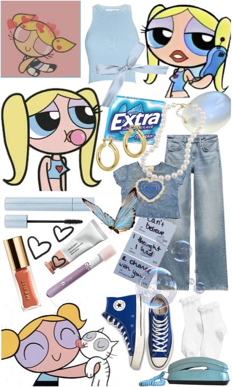 Diy Bubbles Costume Powerpuff, Bubbles Powerpuff Outfit Ideas, Bubbles Inspired Outfit, Bubbles Outfit Powerpuff, Bubbles Powerpuff Girls Aesthetic Outfit, Bubbles Halloween Costume Powerpuff, Powerpuff Girls Outfit Ideas, Ppg Costume, Powerpuff Girls Aesthetic Costume