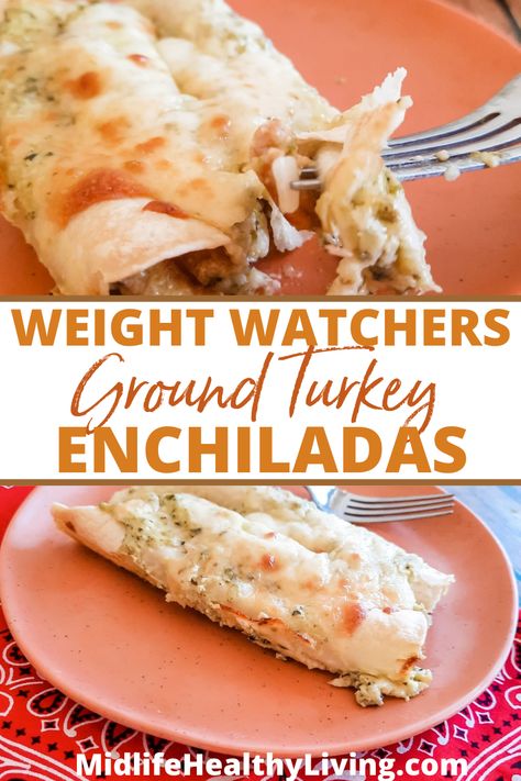 Weight Watchers Ground Turkey Recipes, Weight Watchers Enchiladas, Recipe Using Egg Whites, Turkey Enchilada Casserole, Ground Turkey Enchiladas, Poblano Cream Sauce, Rice Ideas, Turkey Enchiladas, Shredded Turkey