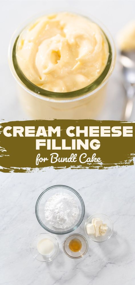 Cream Cheese Filling for Bundt Cake Cream Cheese Cake Filling Recipes, Easy Cream Cheese Filling, Homemade Whipped Cream Easy, Cream Cheese Cake Filling, Whipping Cream Recipe, Bundt Cake Glaze, Cheese Cupcake, Cheese Cake Filling, Cheese Pudding