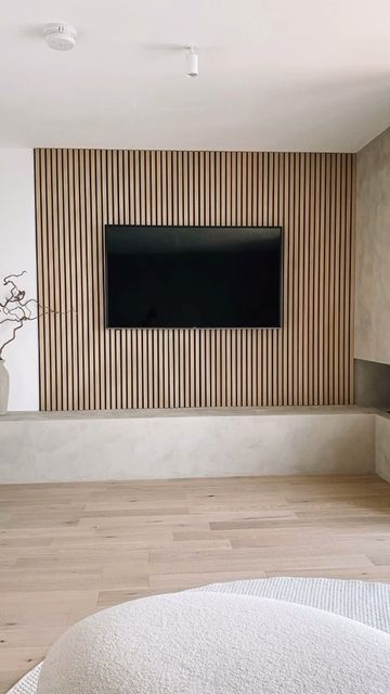 Slat Wall Media Console, Acoustic Wall Panels Behind Tv, Fluted Wood Panel Tv Wall, Slatwall Tv Wall, Slats On Wall Living Rooms, Media Wall Cladding, Slat Wall Tv Living Room, Slatted Media Wall, Slat Wall Tv Ideas