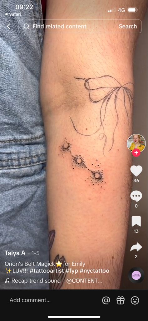 Orion Tattoo Ideas, Orion Tattoos, Orions Belt Tattoo, Belt Tattoo, Orion Tattoo, Cosmos Tattoo, Orion's Belt, Nyc Tattoo, Orion Constellation