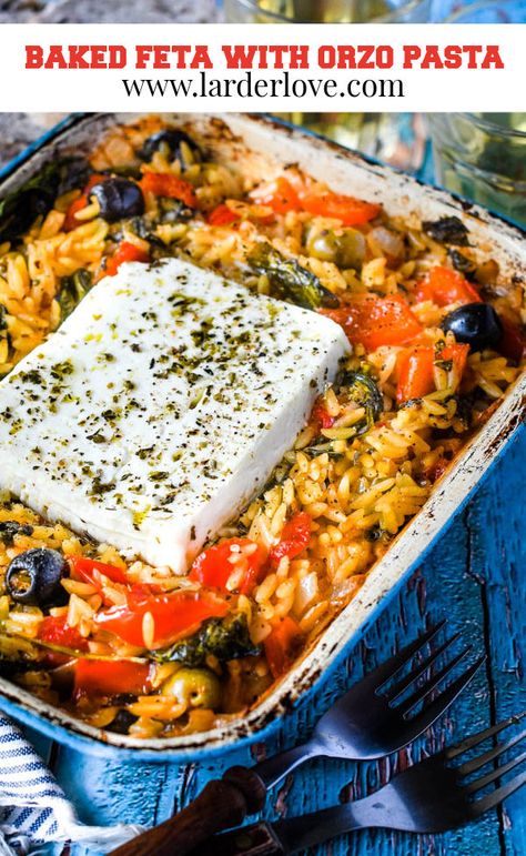 Greek baked feta with orzo pasta is super easy to make in one oven tray, packed with amazing mediterranean flavours it is perfect as a sharing starter or as a main dish for tow people. #bakedfeta #greekfood #greekrecipes #fetacheese #mezze #greekmezze #mediterraneanfood #larderlove Greek Baked Feta, Baked Pasta Recipes Vegetarian, Baked Feta Recipe, Orzo Spinach, Easter Side Dishes Recipes, Orzo Pasta Recipes, Mediterranean Vegetables, Orzo Dishes, Greek Orzo