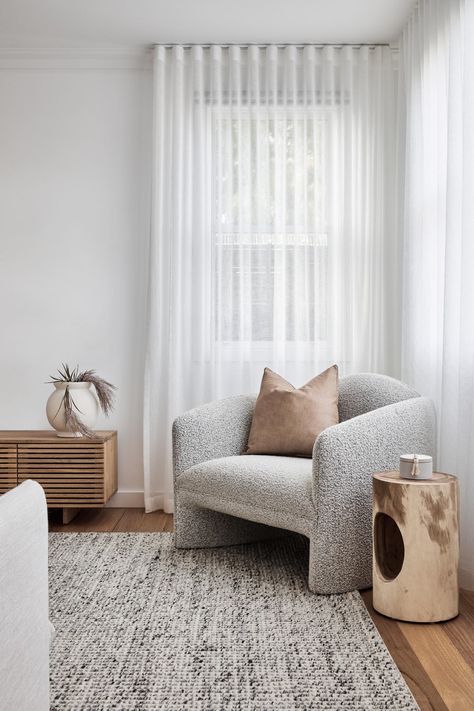 Corner Of Living Room, Sheer Curtains Bedroom, White Curtains Living Room, Sheers Curtains Living Room, Modern Sheer Curtains, Boucle Armchair, White Sheer Curtains, Living Room Design Inspiration, Grey Room