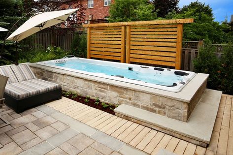 Swim Spa Deck, Whirlpool Deck, Swim Spa Landscaping, Spa Landscaping, Outdoor Jacuzzi, Lap Pools, Backyard Spa, Hot Tub Landscaping, Hot Tub Swim Spa