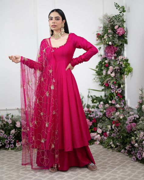 Which is your Fav Pink outfit ? Anarkali Sharara Suits, Anarkali Neck Designs Neckline, Pink Floral Anarkali, Pink Anarkali Dress, Raw Silk Anarkali, Churidar Sleeves, Pink Anarkali Suits, Pink Anarkali, Silk Anarkali