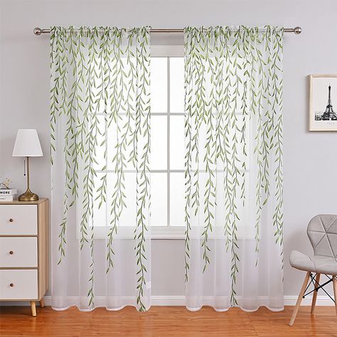 PRICES MAY VARY. 【Aesthetic Curtains Home Decor】Willow leaf sheer curtains, make you a forest themed, jungle themed, woodland themed, rural themed room. Perfect for sunroom, balcony, school dorm, door, living room, dining room, bedroom, etc. 【Willow Leaf Tulle Curtains】The leaf curtains itself is white sheer, printed with green leaves patterns, it is breathable and looks very sheer. You could just hang one piece to have a hazy look, or you could use other curtains to create a fuller look 【Willow Green Sheer Curtains, Balkon Decor, Leaf Curtains, Voile Panels, Window Sheers, White Sheer Curtains, Tulle Curtains, Sheer Drapes, Printed Curtains