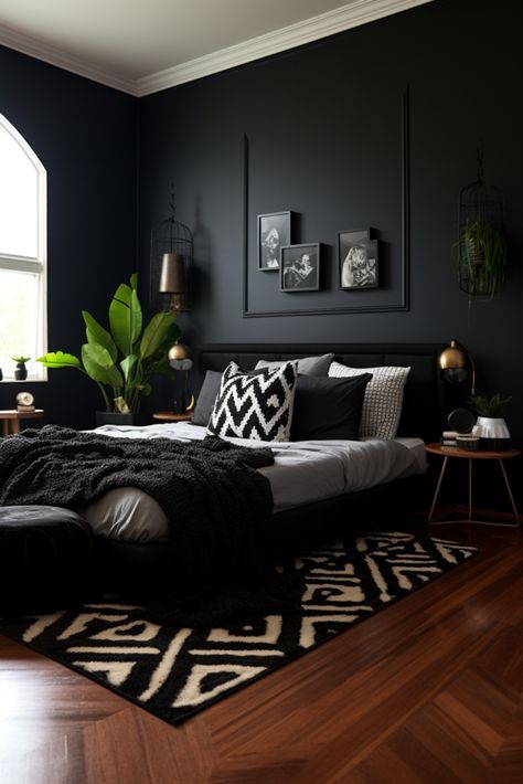 Black Walls White Trim Bedroom, Bedroom Black Interior, Black Frame On Black Wall, Bedroom One Black Wall, Black Wall In Bedroom Ideas, Black Wall Home Decor, Black Gray Cream Bedroom, Home Design Black And White, Bed Rooms Ideas Black