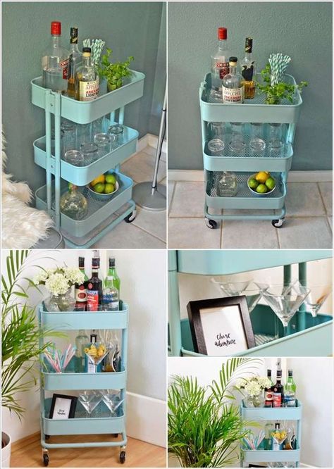 15 clever Ikea rolling cart hacks Ikea Bar Cabinet, Raskog Ikea, Ikea Bar Cart, Bar Cabinet Design, Modern Bar Cabinet, Cart Bar, Ikea Bar, Ikea Raskog, Gold Bar Cart