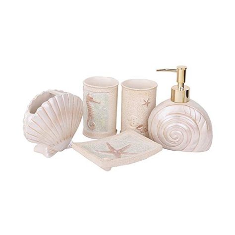 5PC Bathroom Accessories Set Soap Dispenser/Toothbrush Holder/Tumbler/Soap Dish (Shell) Resin Bathroom, Casa Retro, Toilet Paper Stand, Mermaid Bathroom, Digital Showers, Bathroom Gadgets, Bathroom Accessories Set, Glass Shower Enclosures, Beach Room