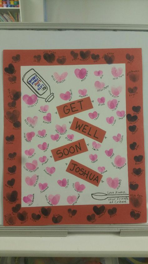 Get well soon card... Get Well Soon Fingerprint Card, Get Well Soon Crafts For Preschool, Get Well Soon Preschool Craft, Preschool Get Well Card Ideas, Get Well Soon Class Project, Get Well Soon Crafts, Diy Get Well Cards From Kids, Get Well Cards Made By Kids, Get Well Soon Cards From Kids