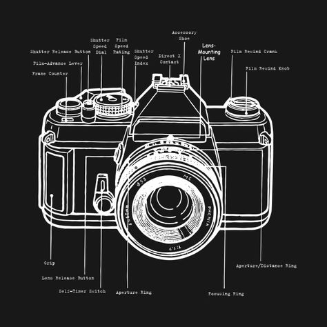 Modern Photo Camera Diagram - Photography - T-Shirt | TeePublic Photography Merchandise Ideas, Camera Illustration Design, Camera Graphic Design, Camera Diagram, Camera Widget, Black And White Camera, Photography Art Book, Process Book, Camera Illustration