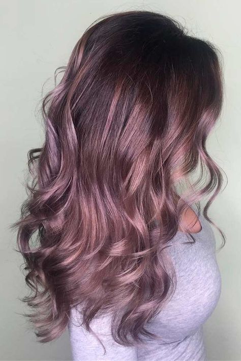 Boliage Hair Colorful, Ashy Violet Hair, Up Hair Styles For Medium Length Hair, Dark Rose Gold Hair Brown, Muted Purple Hair, Purple Bayalage Hair, Dusty Mauve Hair Color, Chocolate Rose Gold Hair, Rose Brown Balayage