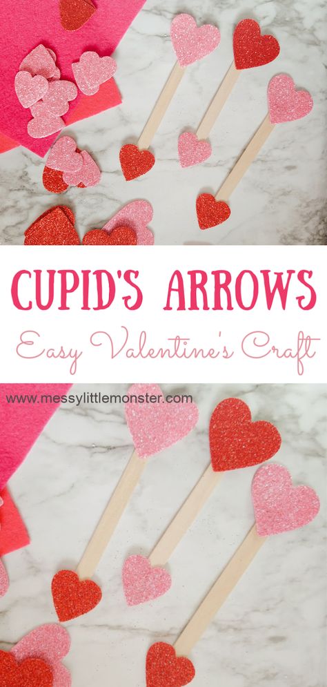 Popsicle Stick Crafts Valentines Day, V Day Crafts For Kids, Hearts Crafts For Kids, Easy Valentines Day Crafts For Kids, Valentines Kids Crafts, Valentines Arts And Crafts, Heart Crafts For Kids, Cupid Craft, Valentines Day Crafts For Kids