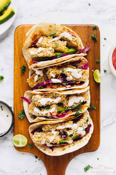 Vegan Fish Tacos (with Vegan Tartar Sauce) - Jessica in the Kitchen Zucchini Tacos, Vegan Superbowl Food, Vegan Super Bowl, Vegan Tacos Recipes, Crispy Zucchini, Summer Squash Recipes, Lime Crema, Vegetarian Tacos, Photo Food