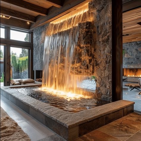 Waterfall In Bedroom, Indoor Waterfall Living Rooms, Waterfall In House, Waterfall Fireplace, Inside Waterfall, Interior Waterfall, Pool Waterfall Landscaping, Waterfall Bedroom, Indoor Waterfall Wall