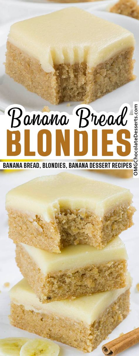 These Banana Bread Blondies are the perfect way to use up those ripe bananas!Super fudgy and filling! I tried them on my family, and my son who is VERY PICKY absolutely LOVED THESE!!! Banana Blondies, Coconut Dessert, Blondies Recipe, Brownie Desserts, Dessert Aux Fruits, Browned Butter, Butter Frosting, Oreo Dessert, Health Desserts