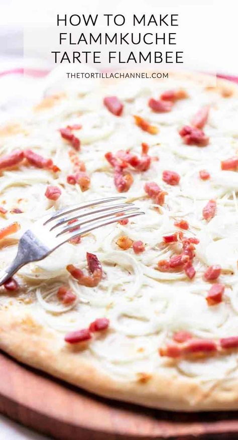 Want to know how to make flammekueche, flammkuchen or tarte flambée? Take a look at this super easy recipe. Bake it in an ultra hot oven and it is done in no time. Visit thetortillachannel.com for the full recipe #thetortillachannel #flammekueche #flammkuchen #tartflambee #germanpizza Tart Flambe, Tarte Flambee Recipe, Flammkuchen Recipe, German Cuisine Recipes, Reuben Pizza, Tart Recipes Savory, French Foods, Savory Baking, French Tart