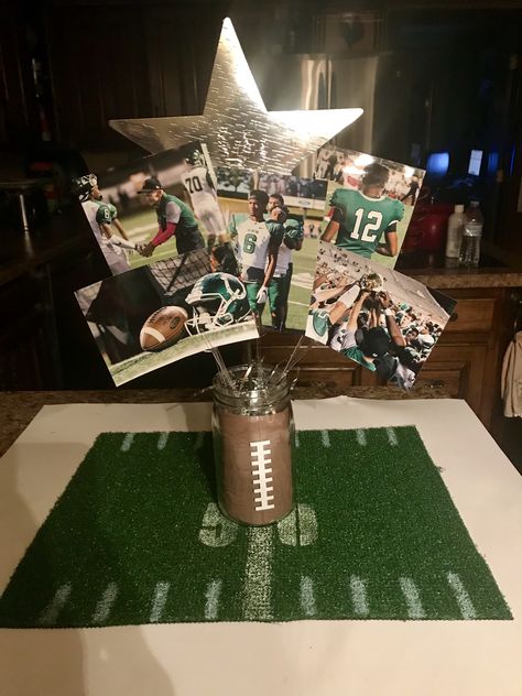 Football Banquet Centerpieces College Sports Banquet, High School Football Banquet Ideas Centerpieces, Football Senior Banquet Ideas, Sports Centerpieces Diy, Varsity Football Banquet, Football Banquet Table Decorations, Football Banquet Centerpieces Table Decorations, Sports Banquet Centerpieces Diy, Football Graduation Centerpiece Ideas