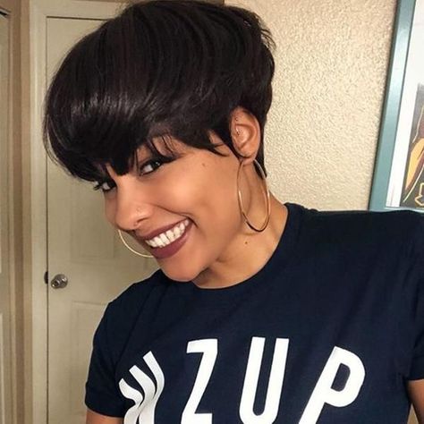 Short haircut on African American woman #shorthairstyles #shorthair #shorthairstylesforwomen #blackgirlmagic #shorthairdontcare #pixiehaircut Red Brown Wig, White Hairstyles, Short Hairdo, Short Hair Dont Care, Short Straight Wig, Layered Pixie Cut, Straight Wig With Bangs, Short Pixie Wigs, Short Cut Wigs