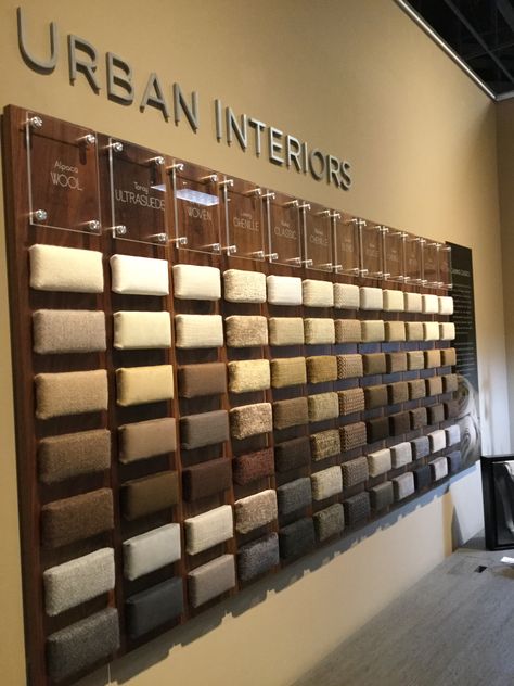 Fabric choices for American Leather Sofa Showroom Display, Leather Showroom Display, Fabric Showroom Interior Design, Furnishing Showroom Display, Fabric Display Ideas Showroom, Fabric Sample Display, Interior Shop Display, Luxury Furniture Showroom, Fabric Showroom