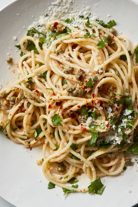 Midnight Pasta With Garlic, Anchovy, Capers and Red Pepper Recipe - NYT Cooking Midnight Pasta, Anchovy Pasta, Pasta And Sauce, Pasta With Garlic, Red Pepper Recipes, Pepper Recipe, Best Spaghetti, Tuna Pasta, Garlic Pasta