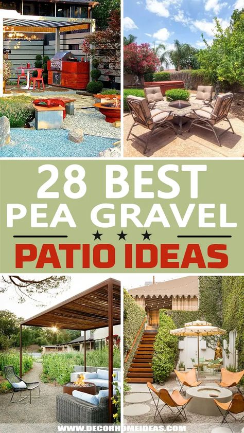 Fine Gravel Patio, Pea Gravel Over Concrete Patio, Gravel Patio With Pergola, Landscape With Gravel Backyard Ideas, Backyard Landscaping With Pea Gravel, Pea Gravel With Stepping Stones, Gravel Seating Area Patio Ideas, Outside Patios Covered, Packed Gravel Patio