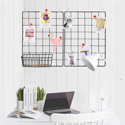 PRICES MAY VARY. Material: The wire grid boards are made of metal with black coating Size: Each grid panel is 15.7 "x11.8" (40cmx30cm) Quantity: 2 pack Grid Wall Panels +10 pieces Colorful Clips + 20 pieces Natural Wooden Clothespins +4 pieces Adhesive Hooks+ 4 pieces No-Trace Hooks+ 1 set Jute Twine Multi-functional Grid: You can put photo, postcards, memo, toys, glasses, small plants or other small decorations on the wire board to create a special wall storage organizer. The small photo grid c Wire Board, Wall Grid, Grid Wall, Grid Panel, Metal Grid, Wooden Clothespins, Wall Organizer, Board Wall, Photo Grid