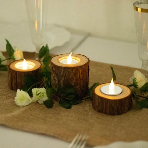 Farmhouse Wedding Table, Tree Stump Candle Holder, Rustic Lantern Centerpieces, 25 Candle, Tree Branch Wedding, Rustic Wood Candle Holders, Wooden Candlestick Holders, Romantic Table Setting, Antiqued Candle Holders