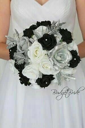 Raiders Wedding, Strange Wedding, Prom Flowers Bouquet, Black Wedding Flowers, Grey Wedding Theme, Silver Wedding Theme, Davids Bridal Gowns, Prom Bouquet, Black And White Wedding Theme