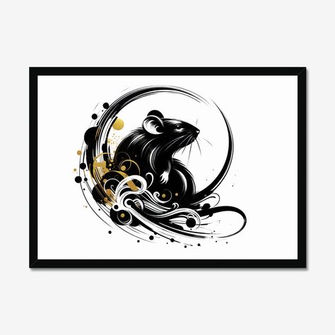 An original contemporary black and gold illustration of the Chinese Zodiac Rat. Perfect gift to celebrate the Luna New Year 2024 - The Year of the Dragon. Legend says the Jade Emperor called for a race to select the zodiac animals. The clever rat, realizing it was no match for the physical might of the other animals, hitched a ride on the back of the ox. Just as they were about to reach the finish line, the rat jumped off the ox's back, landing ahead and securing first place. This act of wit and Chinese Rat Zodiac Tattoo, Rat Zodiac, Jade Emperor, Chinese Zodiac Rat, Rat Art, Chinese New Year Zodiac, Gold Illustration, Zodiac Animals, Zodiac Tattoo