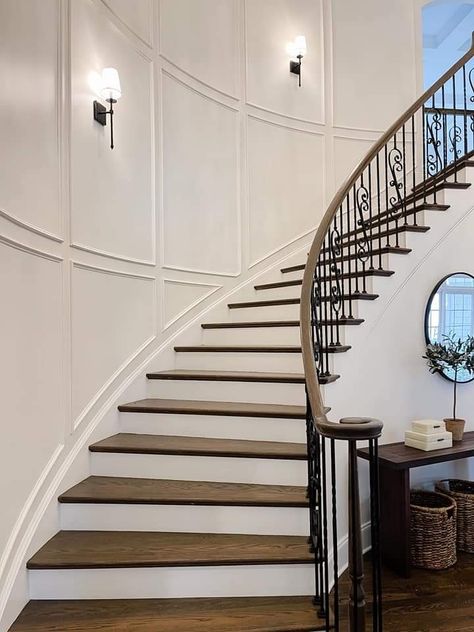 Curved Staircase Wainscoting, Curved Wall Staircase, Curved Staircase Foyer, Staircase Paneling, Round Stairs, درج السلم, Double Staircase, Iron Staircase, Staircase Handrail