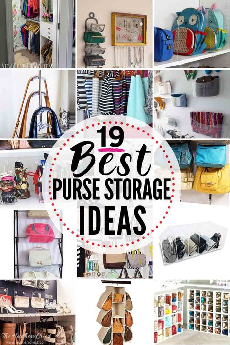 19 BEST Purse Storage Ideas You'll Find Anywhere! Options to buy as well as DIY! #pursestorage #pursestorageideas #pursestorageideascloset #handbagstorage #handbagstorageideas #handbagstorageideascloset #handbagstorageideassmallspace #pursestorageDIY #handbagstorageDIY #pursedisplay #handbagdisplay Bag And Purse Storage, Hanging Bag Storage, How To Keep Purse Strap From Slipping Off Shoulder, How To Hang Purses, Hand Bag Display Ideas, Diy Purse Storage, Organizing Purses, Purse Storage Ideas, Organizing Purses In Closet