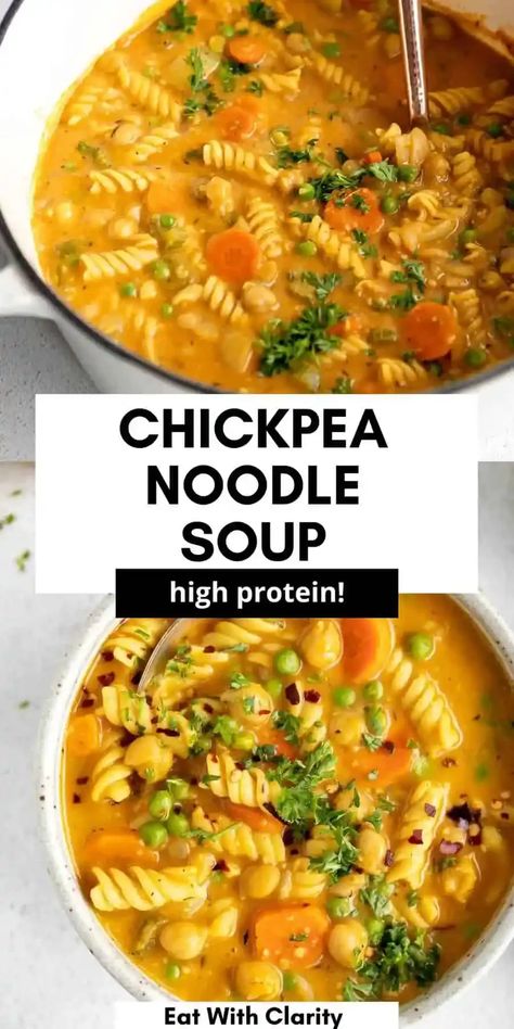 Chickpea Noodle Soup, Chickpea Noodle, Vegan Chickpea, Vegetarian Soup Recipes, Vegan Soup Recipes, Chickpea Recipes, Veggie Soup, Tasty Vegetarian Recipes, Vegan Soups