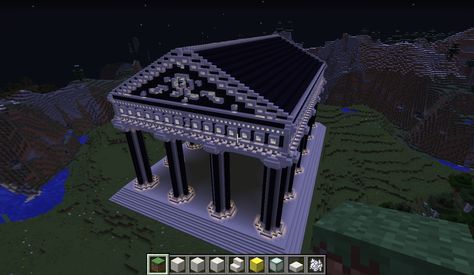 so yeah, i made something in minecraft ;) It's a greekisch style of temple, the design for the pillars is pretty simple and repetetive so i think its doable in survival, but you might consider using diffrent materials, this one is mafe with quartz and obsidian. I chose obsidian beceause it has a slightly purple tint, but i think ik would look nice with coal too. The glowing stuff is zctually made using thefantom lighting glitch with stairs and slabs. Minecraft Pillar, Minecraft Pillar Designs, Minecraft Temple, Minecraft Light, Mc Builds, Pillar Design, Minecraft Inspiration, Greco Roman, Minecraft Construction