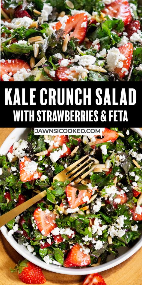 This easy Kale Crunch Salad with strawberries, feta, toasted almonds and maple-dijon dressing is a tasty and summery salad that's great as a light lunch or delicious side dish. Way better than a Chick Fil A kale salad, this healthy homemade version comes together in just 15 minutes! Kale Strawberry Salad, Kale And Strawberry Salad, Kale Salad With Feta Cheese, Salad With Strawberries And Feta, Kale Crunch Salad, Chic Filet Kale Crunch Salad, Recipe With Strawberries, Strawberry Kale Salad, Strawberry Feta Salad