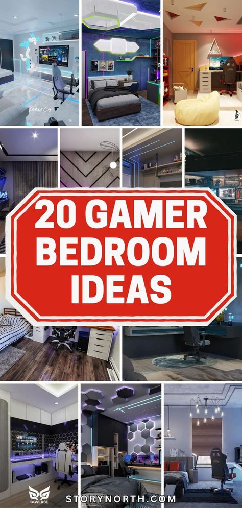 Save this pin for top tips and inspiration to transform your bedroom into a gamer's paradise! Get ready to level up your decor game with these creative ideas. #GamerBedroom #HomeDecoration #GameRoomIdeas Blue Gamer Bedroom, Teenage Gamer Boy Room Ideas, Teen Boys Gamer Bedroom Ideas, Gamer Basement Ideas, Game Theme Bedroom, Boys Gamer Room Bedroom Ideas, Gamer Set Up, Teenager Bedroom Boy Modern, Gamers Apartment