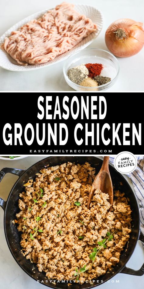 This Seasoned Ground Chicken is a meal prep staple! It's quick to make, stores beautifully, and is seasoned to perfection. This ground chicken is packed with flavor, but versatile enough to be enjoyed by itself over potatoes or can quick start any dinner using ground chicken. Whip this seasoned ground chicken up in just a few minutes to serve right away or pack it up and store it for later! Ground Chicken Recipes Healthy Meal Prep, Whole 30 Ground Chicken Recipes, How To Season Ground Chicken, Quick And Easy Ground Chicken Recipes, Easy Ground Chicken Recipes Healthy, Ground Chicken Recipes Healthy Clean Eating, Gluten Free Ground Chicken Recipes, Meal Prep Ground Chicken, Ground Buffalo Chicken