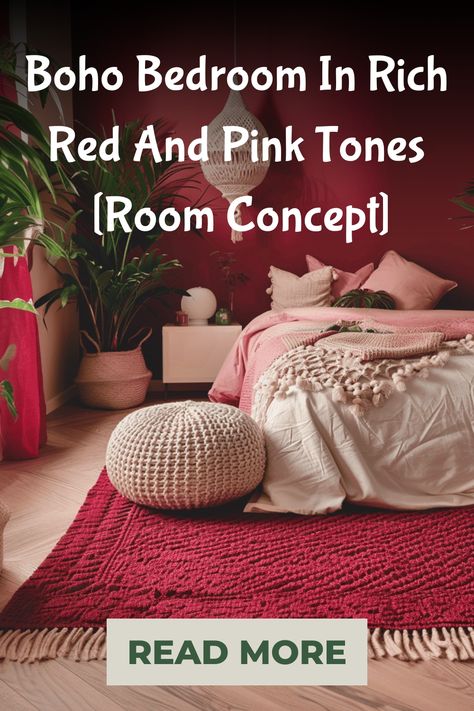 Design style: Boho Color scheme: Deep Red, Pink Materials: Woven textiles, cotton, wood, natural fibers Items of note: Macramé wall hangings, knitted poufs, lush indoor plants This image captures the essence of a Boho bedroom, characterized by its vibrant color palette of deep red and pink. Boho Color Scheme, Boho Bedroom Decor Ideas, Room Concept, House Interior Design Styles, Boho Interior Design, Bohemian Interior Design, Woven Textiles, Boho Color, Wallpaper Walls Decor