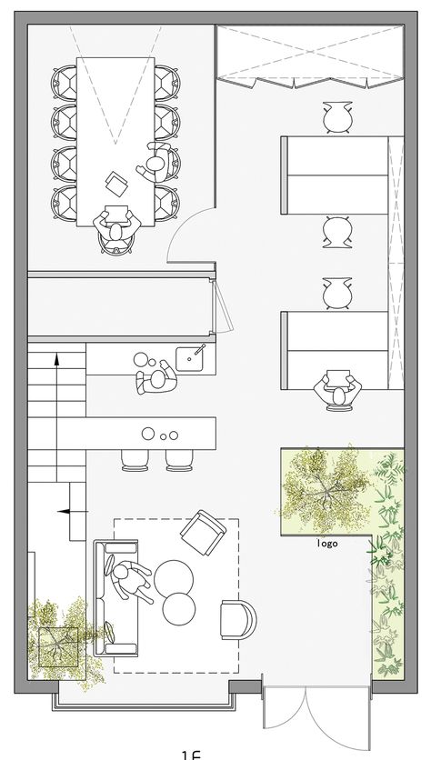 To make this workspace feel more cosy, Muxin looked to the decor of homes and combined warm materials with leafy green plants. Small Office Layout, Architect Office Interior, Office Layout Plan, Modern Home Office Ideas, Cafe Plan, Office Space Planning, Office Floor Plan, Small Office Design, Interior Design Plan