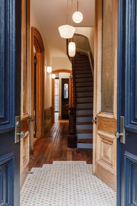 Brownstone Interiors, Nyc Brownstone, Adrian Grenier, Brownstone Homes, Wooden Staircase, Townhouse Interior, Brooklyn Brownstone, Victorian Townhouse, Row House