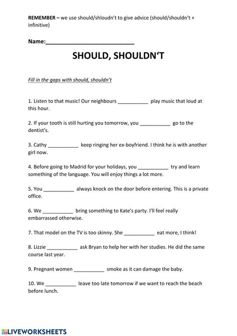 Should Or Shouldn't Worksheets, English Language Learning Activities, English Grammar Test, Modal Verbs, The Worksheet, English Grammar Worksheets, English Vocab, English Activities, English As A Second Language (esl)