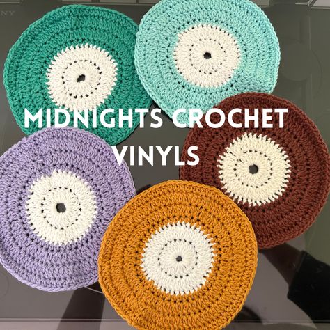 Handmade Taylor Swift crochet vinyls!!! Perfect for use as a coaster or a collectible for vinyl collectors. Handmade in London, by a small business. Perfect for the music lover in your life. #crochet #crochetvinyl #crochetsmallbusiness #crochetmusic #vinylcollector #recordcollectors #crochetgifts #customvinyl #crochetpresent #taylorswift #taylorswiftvinyls #taylorswiftcrochet #taylorswiftmusic #taylorswiftrecords #midnights #folklore #evermore Crochet Vynil Record, Crochet Taylor Swift Stuff, Taylor Swift Crochet Projects, Taylor Swift Crochet Keychain, Taylor Swift Embroidery Pattern, Taylor Swift Crochet Ideas, Folklore Crochet, Vinyl Crochet, Crochet Vinyl