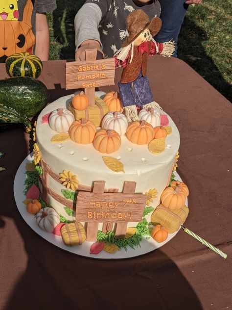 Pumpkin Patch Cake Ideas, Pumpkin Themed Birthday Cake, Pumpkin Patch Birthday Cake, Adoption Cake, Pumpkin Patch Cake, Pumpkin Themed Birthday, Bucket Cake, Pumpkin Patch Birthday Party, Thanksgiving Birthday Parties