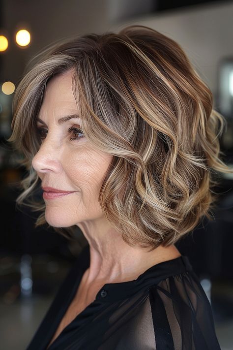 Classy Bob Haircuts for Older Women Trending in 2024 Shoulder Length Hair 2024, Bob With Layered Bangs, Hair 2024 Trends, Hair For Older Women, Wavy Angled Bob, Layered Bangs, Grey Blending, Feathered Bangs, 60 Hairstyles