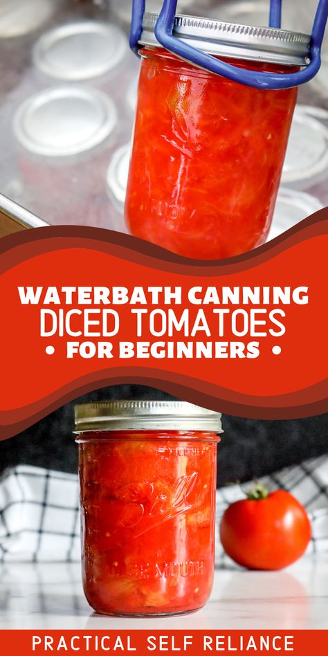 A Ball canning mason jar filled with diced and crushed tomatoes being pulled out of a water bath canner for long-term food preservation. Tomato Recipes For Canning, Canning Tomatoes Water Bath, Canning Fruit Recipes, Canned Tomato Recipes, Recipes With Diced Tomatoes, Preserve Tomatoes, Recipes For Canning, Preserving Fruit, Canning Tomatoes Recipes