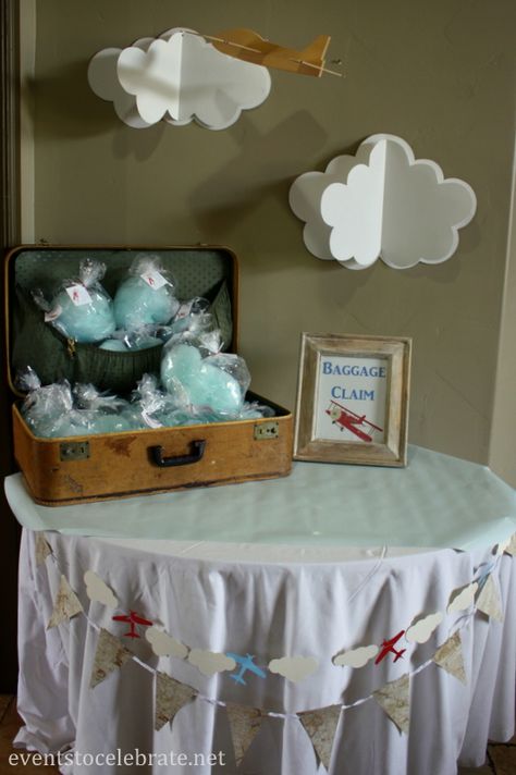 Airplane Party Table Decor, Airplane Birthday Party Favors, Vintage Plane Baby Shower Ideas, Baby Shower Planes Theme, Plane Themed Baby Shower Ideas, Cloud Favors, Airplane Theme Baby Shower Decor, Airplane Themed Baby Shower Ideas, Plane Baby Shower Ideas