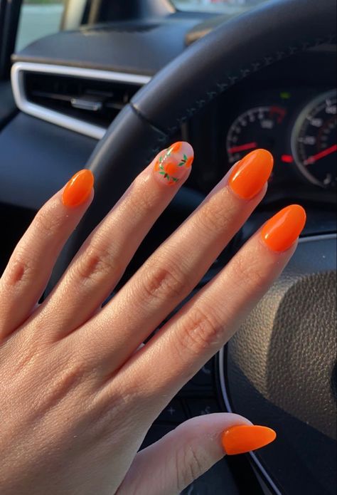 Highlighter Orange Nails, Tangerine Nails Acrylic, Orange Dreamsicle Nails, Orange Nails With Oranges, Tangerine Nail Art, Tangerine Orange Nails, Cutie Orange Nails, Orange And Mint Nails, Nails With Oranges