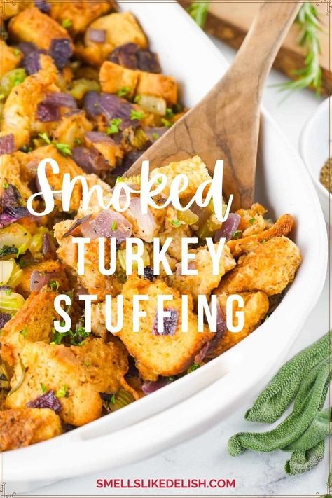 Take your stuffing game to a whole new level with Smoked Turkey Stuffing!  This recipe infuses traditional stuffing ingredients with smoky goodness, creating a flavor explosion in every bite.  Enjoy it alongside your smoked turkey or serve it as a standalone side dish - it's guaranteed to disappear quickly! Turkey Stuffing Recipe, Creamy Green Beans, Perfect Roast Turkey, Turkey Stuffing Recipes, Buttery Mashed Potatoes, Stuffing Ingredients, Turkey Broth, Thanksgiving Side Dish, Turkey Stuffing