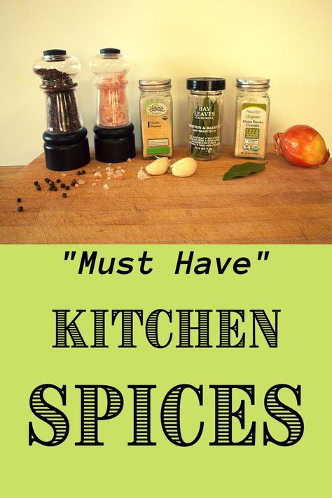 Bottles of kitchen spices lined up on a wooden cutting board. Spices In Kitchen, Herbs In Kitchen, Must Have Spices, Kitchen Herbs, Kitchen Spices, Spices And Herbs, In Kitchen, Onion Powder, Simple Living